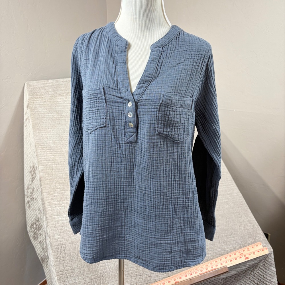 Mote Womens XL Blue Cotton Double Gauze Henley Long Sleeve Blouse Top